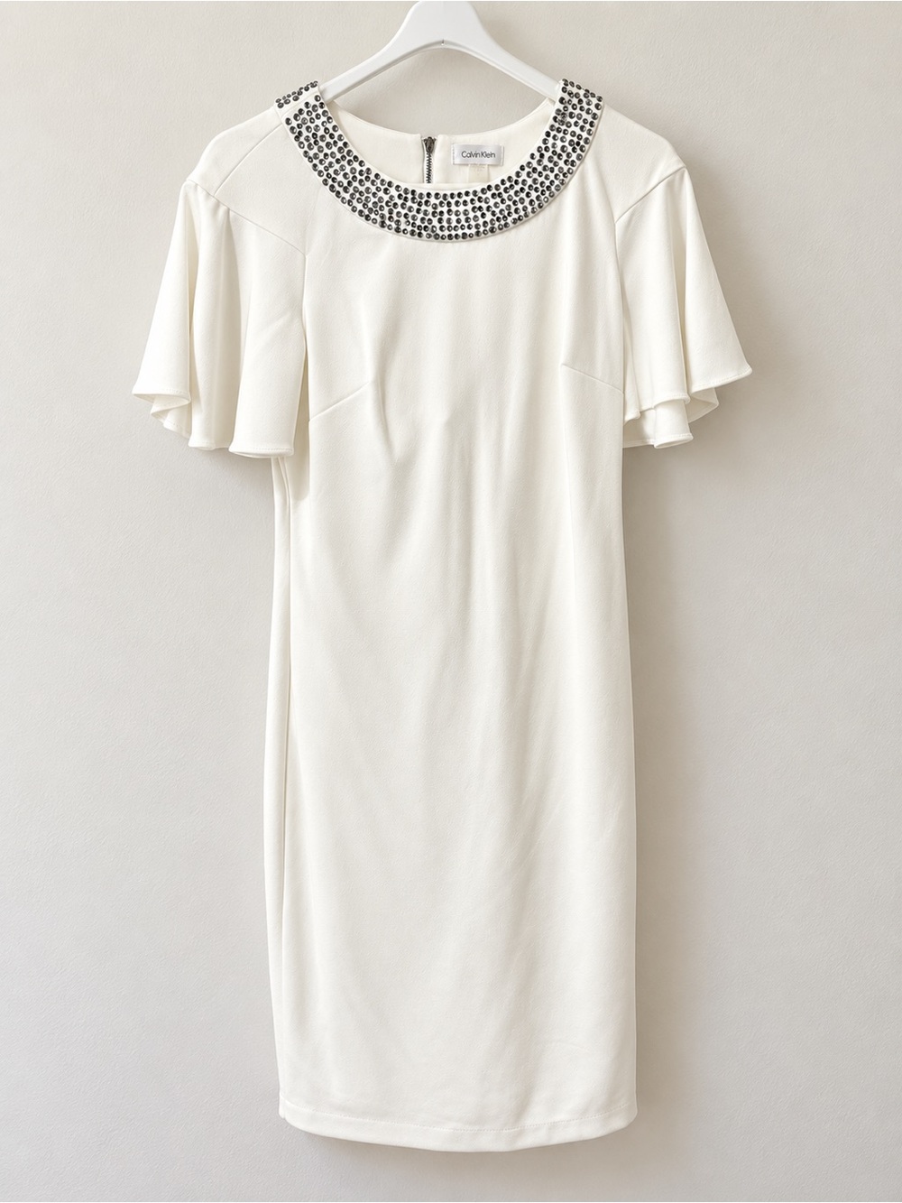 Calvin Klein Cream Dress with Jeweled Neckline and Flutter Sleeves